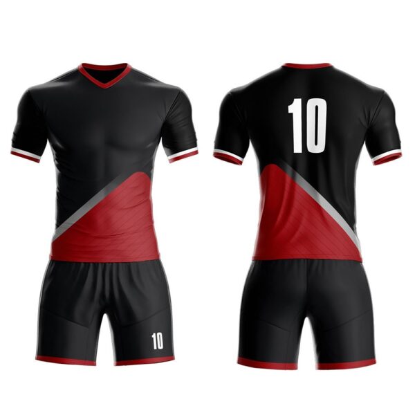 Navy blue and red soccer uniform with white printing