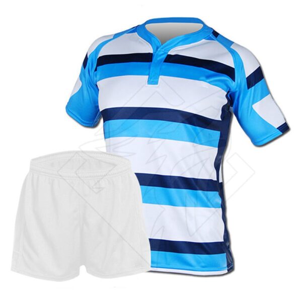 soccer uniform with multi color shirt and white shorts
